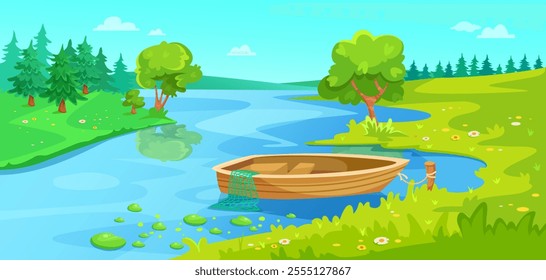 Scenic riverbank with a wooden boat in nature landscape. Vector illustration