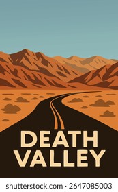 A scenic road cuts through the vast, barren expanse of Death Valley, offering breathtaking views of the rugged desert landscape, where towering mountains and sweeping sand dunes 