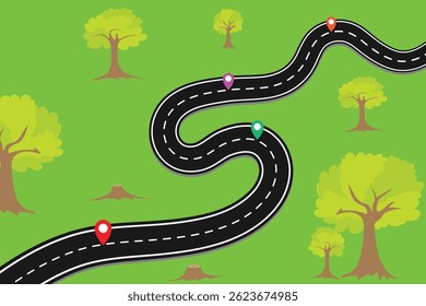 Scenic Road Through Green Landscape A Curvy Asphalt Road with Location Markers Amidst Trees and Grass for Travel and Outdoor Adventure Themes
