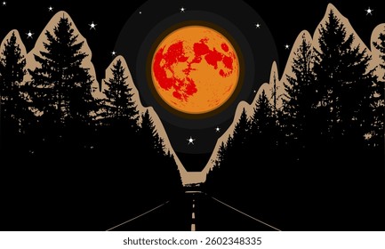 Scenic road winds through a dark forest under a glowing full blood moon and stars, evoking mystery and adventure, perfect for wallpaper.