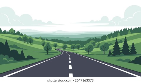 Scenic Rural Highway Winding Through Verdant Rolling Hills Under a Cloudy Sky