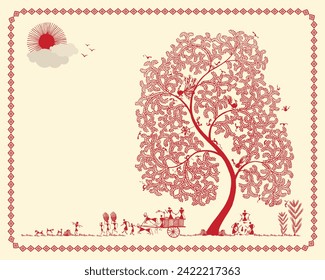 Scenic Rural Life: Traditional Warli Painting with Tree. Warli Village Art, Rural Scene Illustration, Traditional Indian Folk Painting.