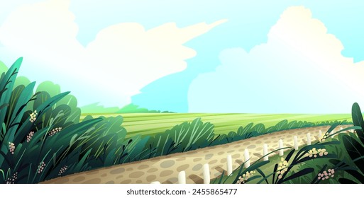 Scenic rural path in forest landscape, road in countryside by the field. Scenic background for summer outdoor journey fairytale. Vector in watercolor colors for children book tales.