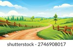 Scenic rural road passing through green fields with a wooden fence and leafy trees. Vector cartoon landscape illustration