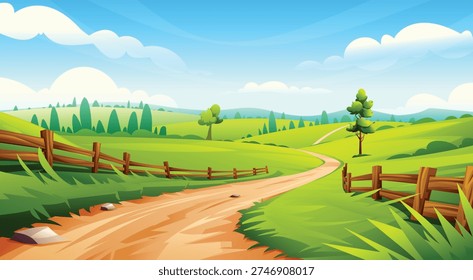 Scenic rural road passing through green fields with a wooden fence and leafy trees. Vector cartoon landscape illustration