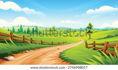 Scenic rural road passing through green fields with a wooden fence and leafy trees. Vector cartoon landscape illustration