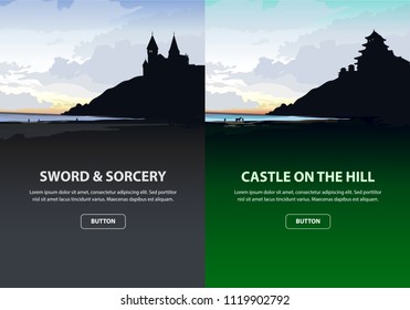 Scenic set of castles in silhouette. Vector illustration.