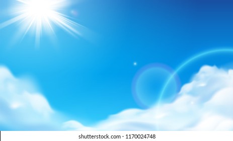 Scenic shining sun with fluffy clouds. Blue sky with glowing beams or ray bleak. Sunny cloudscape at atmosphere. Summer and spring weather background, heaven theme