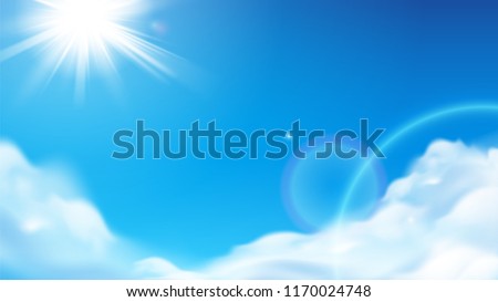 Scenic shining sun with fluffy clouds. Blue sky with glowing beams or ray bleak. Sunny cloudscape at atmosphere. Summer and spring weather background, heaven theme