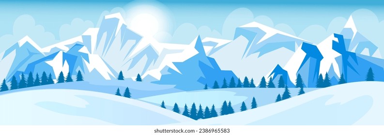 Scenic snowy mountain landscape. Panoramic view. Outdoor tourism activity. Winter time. High peak, steep rock. Adventure climbing and travelling. Frost and cold. Pine forest. Vector illustration