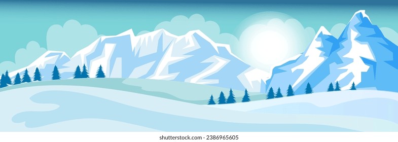 Scenic snowy mountain landscape. Winter time. Outdoor tourism activity. High peak, steep rock. Adventure climbing and travelling. Frost and cold. Pine forest. Vector illustration
