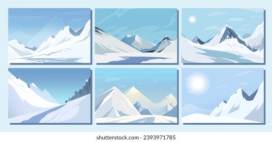 Scenic snowy mountain winter landscape collection. Holiday time. Set of outdoor tourism activity place. High peak, steep rock. Adventure climbing and travelling. Frost and cold. Vector illustration