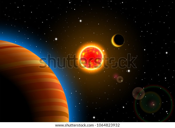 Scenic space landscape with sun and planets or\
satellites for abstract scientific cards, background or astronautic\
greeting cards with\
stars