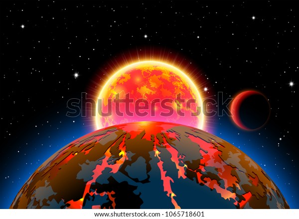 Scenic space landscape with sun and planets or\
satellites for abstract scientific cards, background or astronautic\
greeting cards with\
stars