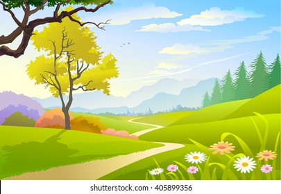 SCENIC SPRING LANDSCAPE WITH FLOWERS