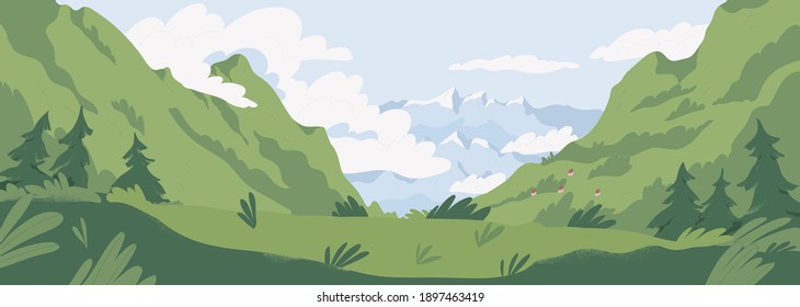 Scenic summer landscape with mountains covered with green grass and trees. Panoramic view of distant mounts range and cloudy sky. Picturesque nature scene. Colored flat textured vector illustration