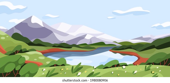 Scenic summer landscape with mountains, lake, and meadow in clear weather. Panoramic scenery of wild nature with green grass, flowers, river, mounts, and sky. Colored flat vector illustration