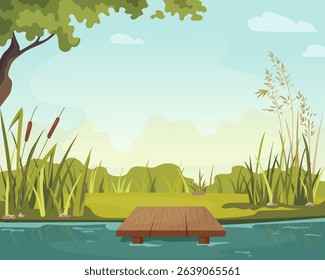 Scenic summer landscape with river, wooden pier, green grass and reeds. Peaceful nature background with copy space. Flat vector nature illustration for banner, poster, card, print or outdoor design