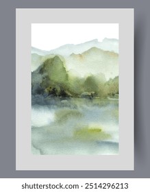 Scenic summer nature with lake on vertical watercolor poster with national natural park landscape. Summer landscape with green lush trees growing on shore of pond in clear spring weather