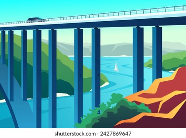 Scenic summer view of the bridge over the sea bay. Vector illustration.