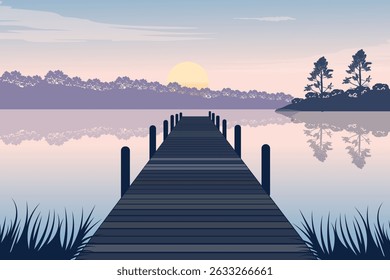 Scenic Sunrise Over a Forest Lake with Wooden Dock, Morning Mist, Silhouetted Trees Reflected in Calm Water and Soft Pastel Sky. Peaceful Nature Background Illustration
