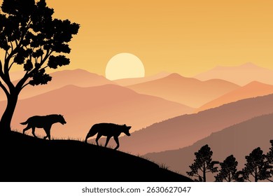 Scenic Sunset Landscape with Silhouetted Hyenas Walking Along a Hilltop, Forest Trees, and Layered Mountains in a Peaceful Nature Scene