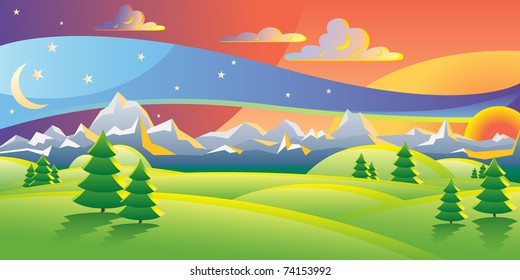 Scenic sunset landscape vector illustration