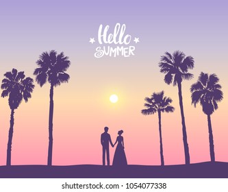 Scenic sunset on tropical beach with palm trees. Vector illustration