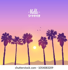 Scenic sunset on tropical beach with palm trees. Vector illustration