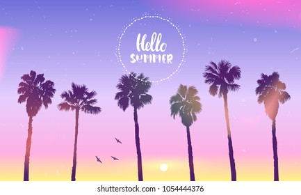 Scenic sunset on tropical beach with palm trees with imitation of film photo effect. Vector illustration