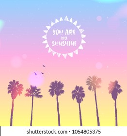 Scenic sunset on tropical beach with palm trees with imitation of film photo effect. Vector illustration