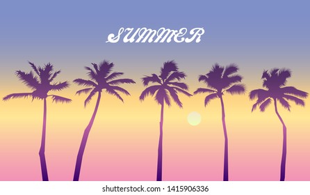 Scenic sunset on tropical beach with palm trees. evening on the sea Vector illustration