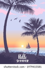 Scenic sunset on tropical beach with palm trees. Vector illustration