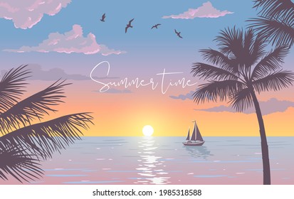 Scenic sunset on tropical beach with palm trees. Vector illustration