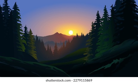 Scenic sunset over pine forest with mountain in the distance