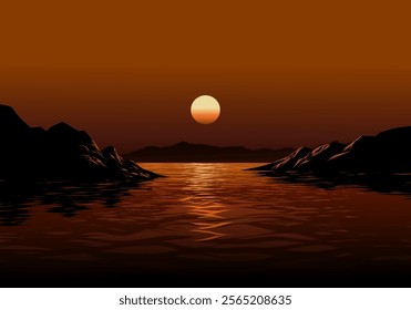 Scenic sunset in river with red sky