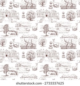 Scenic Toile de Jouy pattern with orchards and country estates