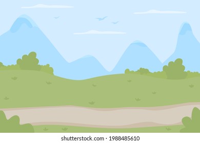 Scenic trail for trekking flat color vector illustration. Idyllic route for walking trip to countryside. Wilderness for outdoor leisure. Panoramic 2D cartoon landscape with mountain peak on background