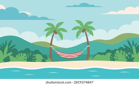 Scenic tropical beach landscape featuring a red and white striped hammock hanging between two tall palm trees with ocean waves.