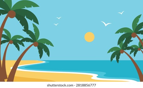 Scenic tropical beach landscape view with green palm trees framing a calm blue ocean under a bright yellow sun.