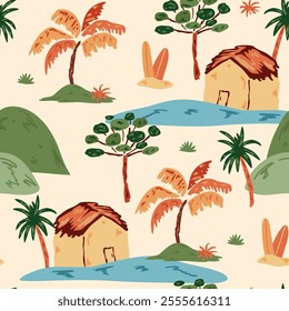 Scenic tropical landscape seamless pattern. Hand drawn palm tree, cabin, surfboard. Vector summer vacation print. Beach, island, river, lake Illustration. Design for fashion fabric, textile, wallpaper