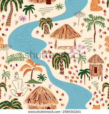 Scenic tropical landscape seamless pattern. Hand painted palm tree, cabin, river, leopard spot, girl silhouette. Vector summer vacation, beach print, textile, background, fabric wallpaper