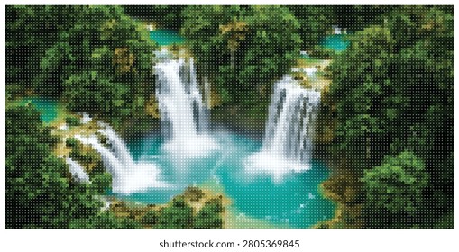 Scenic tropical waterfall cascading down rock formation into blue lagoon within lush rainforest environment peaceful natural landscape vector illustration.