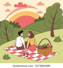 A scenic Valentine's Day picnic in a park with a red and white checkered blanket,