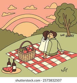 A scenic Valentine's Day picnic in a park with a red and white checkered blanket,