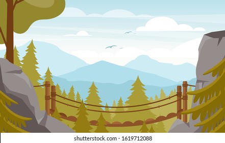 Scenic valley flat vector illustration. Beautiful mountain landscape, forest valley with fir trees and hanging bridge. Picturesque wild nature, national park. Minimalistic scenery, passage over cliff.