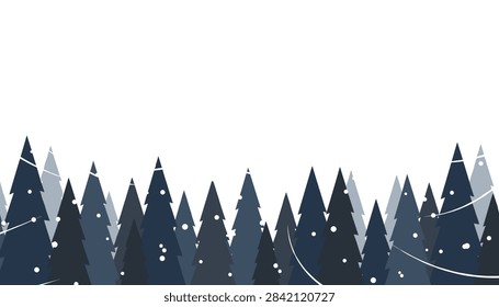 Scenic vector graphic captures a dense dark blue pine tree forest under blowing snow during a winter storm.