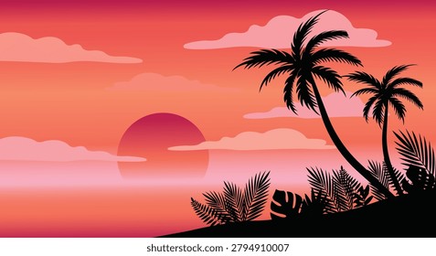 A scenic vector illustration featuring silhouetted palm trees and tropical foliage against a vibrant pink and orange sunset sky with a large sun and soft clouds. This warm, beautiful background is ideal for summer vacation, travel, and paradise island themes.