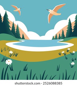 A scenic vector illustration of a lake surrounded by trees and hills, with birds flying overhead. A serene outdoor scene ideal for nature-themed projects.