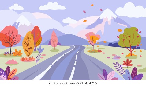 A scenic vector illustration of a road winding through a colorful autumn landscape, surrounded by trees and mountains. The vibrant colors and flat design make it ideal for travel promotions, seasonal